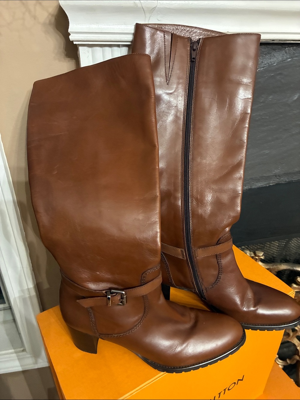 Gabriele Cognac Leather Mid-Calf Heeled Boots